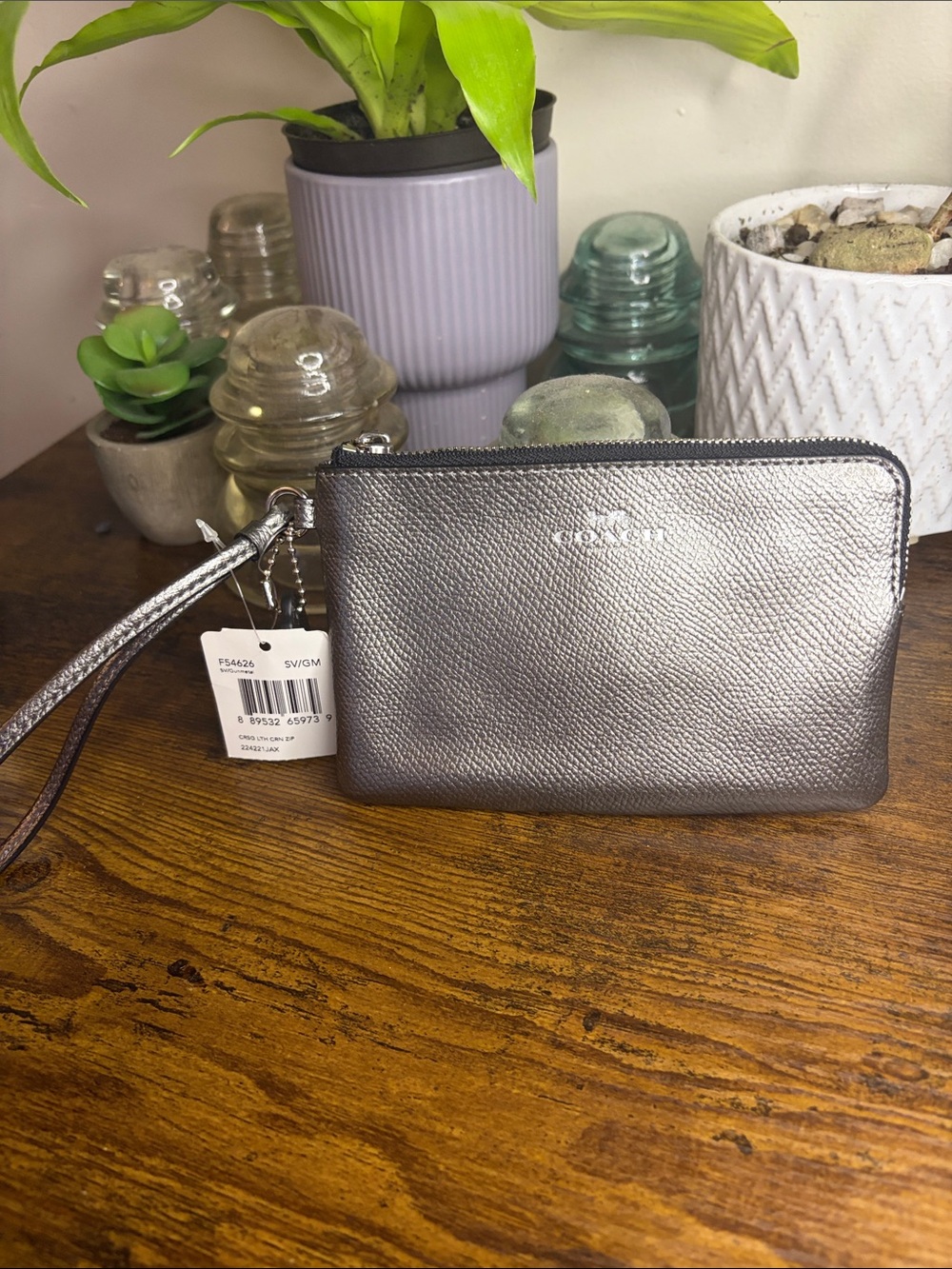 Coach Metallic Pewter Leather Wristlet with Strap